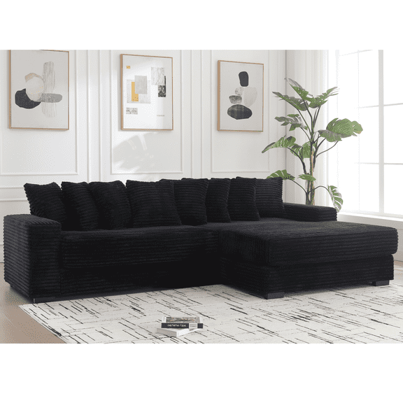 SEENYOO oversized  L-Shape 2-Piece Sectional - Corduroy Left Chaise with 8 Pillows & Armrests, Easy Assembly Sofa for Living Room, Gray