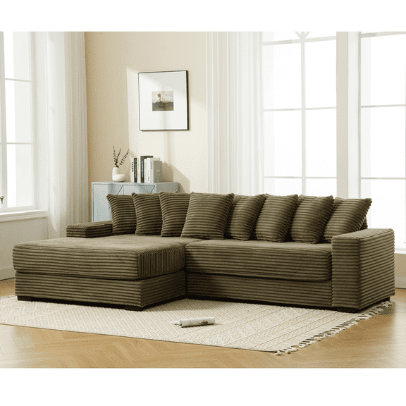 SEENYOO oversized  L-Shape 2-Piece Sectional - Corduroy Left Chaise with 8 Pillows & Armrests, Easy Assembly Sofa for Living Room, Gray