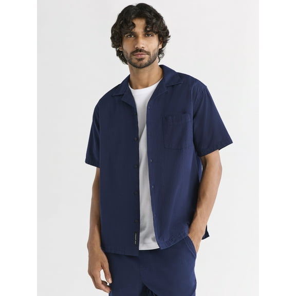 Free Assembly Men's Button Front Seersucker Shirt with Short Sleeves, Sizes XS-3XL