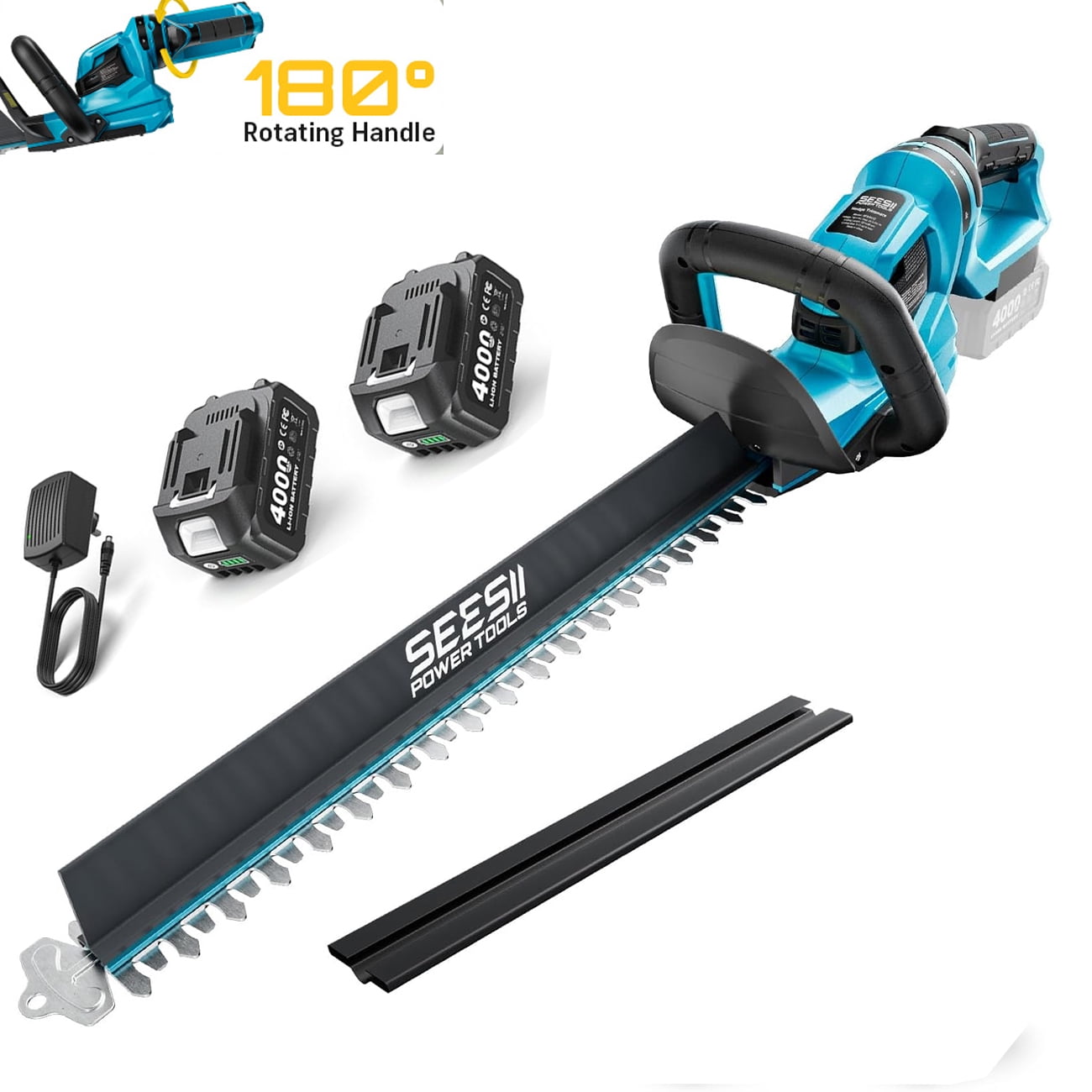 SEESII 22" Cordless Hedge Trimmer: 20V Electric Bush Trimmer with Debris Collector, 2 Pcs 4000mAh Batteries, Dual-Action Blade, 3/4" Blade Gap, Rotatable Handle, Handheld Shrub Hedge Clipper for Yard