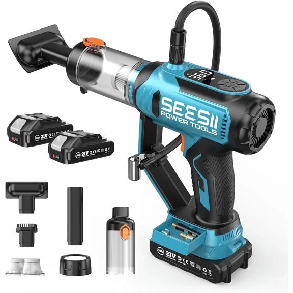 SEESII 3-in-1 Tire Inflator | Portable Electric Air Compressor, Car Vacuum Cleaner, LED Work Light with 22000mAh Batteries, 21V, 150PSI, Digital Gauge, Auto-Shutoff for Balls, Motorcycles, Cars, Hom