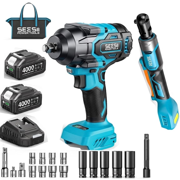 SEESII Cordless 1/2" Impact Wrench 738 ftlbs (1000 Nm) & 3/8" Electirc Ratchet Wrench 60 ftlbs/ 80Nm Combo Kit Brushless ,24.0Ah Batteries & Charger, Sockets