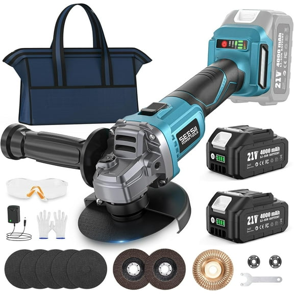 SEESII Cordless Angle Grinder 4-1/2 Inch, 21V Brushless Battery Grinder Tool with 2X 4.0Ah Batteries, 10000RPM for Metal Cutting, Grinding, Polishing, Rust Removal (Blue)