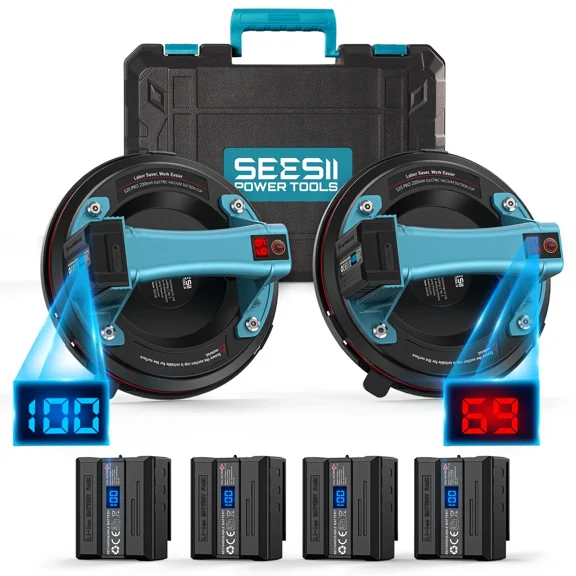SEESII Electric Suction Cups for Glass, 600 LBS Max Load, 8" Heavy Duty Tile Suction Cups Lifter with 4X 2400mAh Batteries, Auto Start Pump