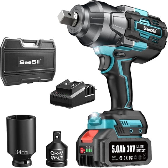 SEESII Impact Wrench 1180FT-LBS(1600N.m) 2200IPM 3/4 Impact Gun with 18V 1x5.0Ah Battery