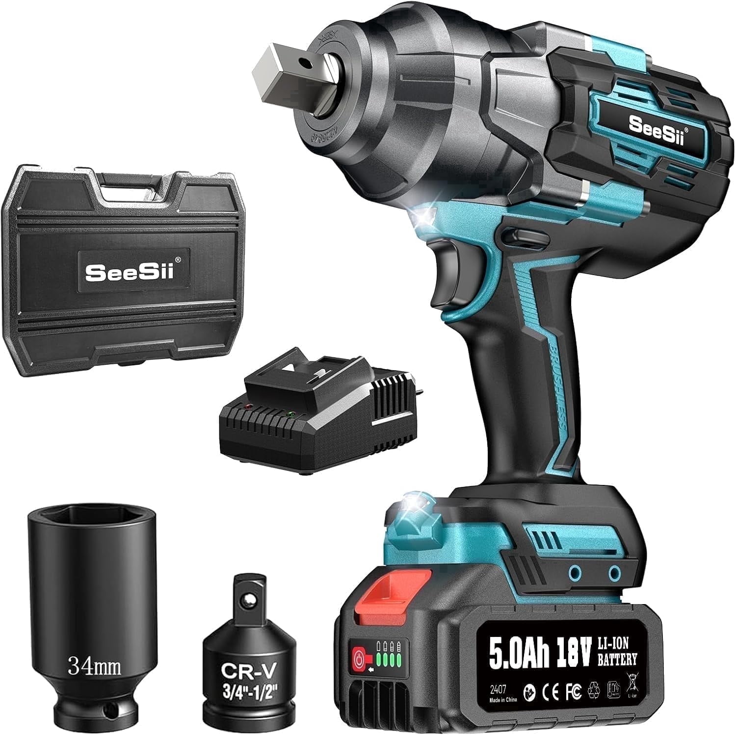 SEESII Cordless Impact Wrench 1180FT-LBS(1600N.m) 2200IPM 3/4 High Torque Brushless Electric Impact Gun with 18V 1x5.0Ah Battery