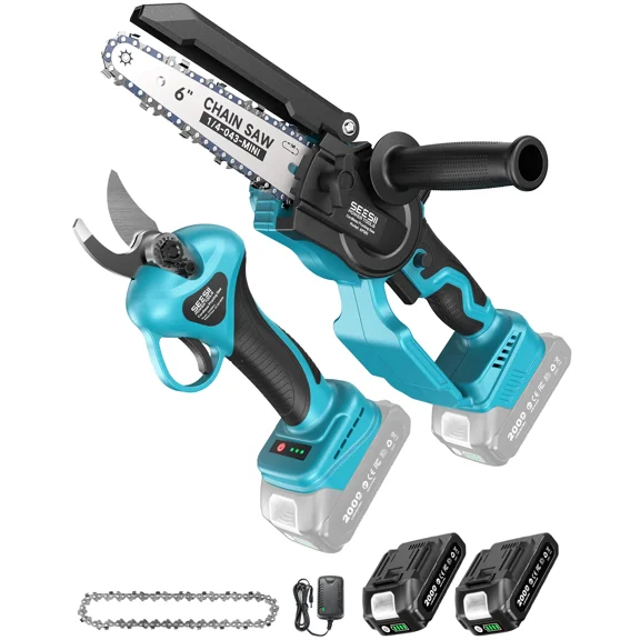 SEESII Mini Chainsaw & Pruning Shears: 6" Electric Saw Brushless & 1.3" Pruner with 22.0Ah Batteries, Cordless Combo for Wood Cutting/Branch Trimming, Gardening Tools