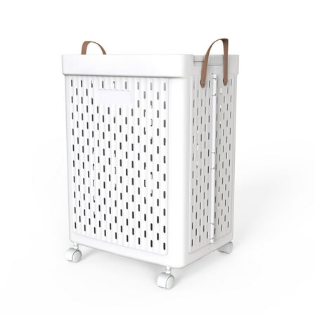 SEESPRING 1 Bushel Laundry Basket with Wheels Foldable Rolling Slim Laundry Basket Waterproof,Tall Thin Plastic Dirty Clothes Laundry Hamper