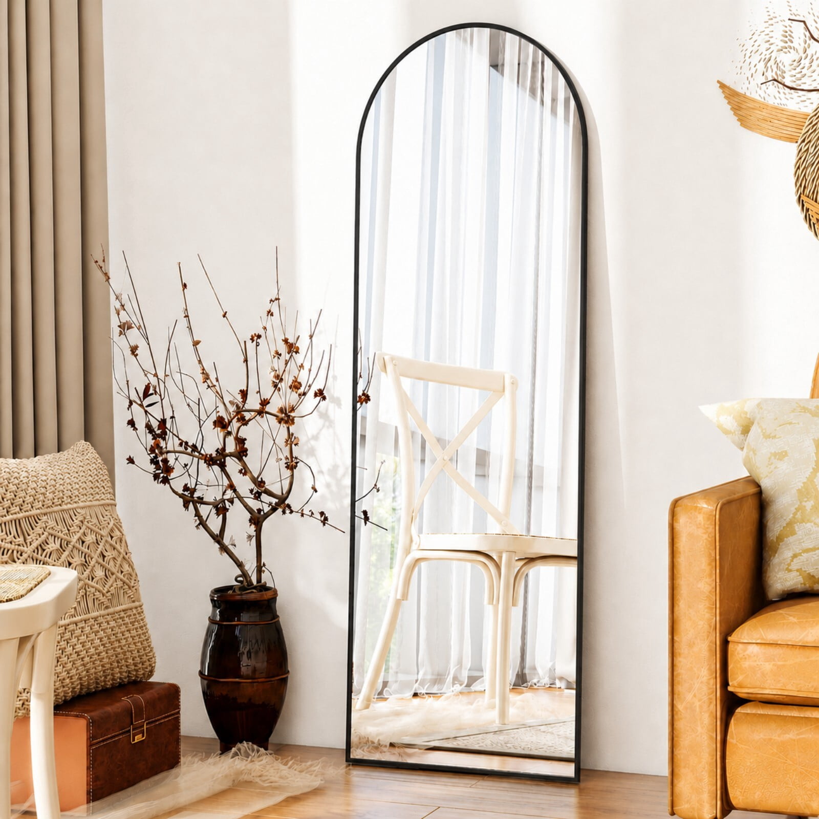 SEETHRUGLIMMER 59"x 16.25" Arched Full Length Mirror Metal Frame Floor Mirror with Stand, Black