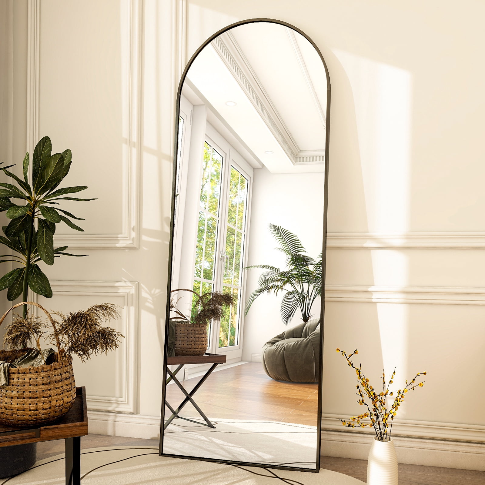 SEETHRUGLIMMER 64"x 21.25" Arched Full Length Mirror Metal Frame Floor Mirror with Stand, Black
