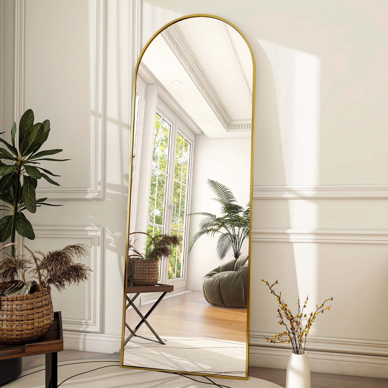 SEETHRUGLIMMER 64"x 21.25" Arched Full Length Mirror Metal Frame Floor Mirror with Stand, Gold