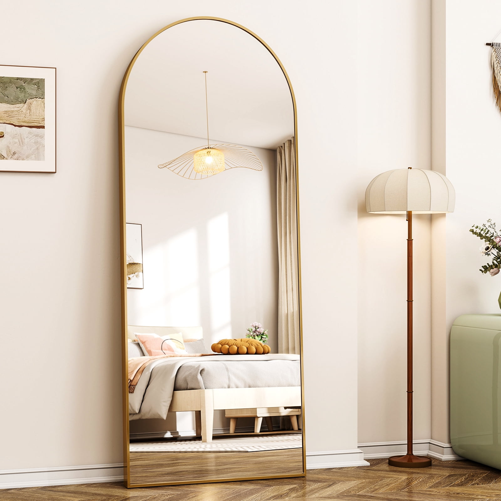SEETHRUGLIMMER 66"x24" Arch Floor Mirror with Stand Wall Mounted, Gold