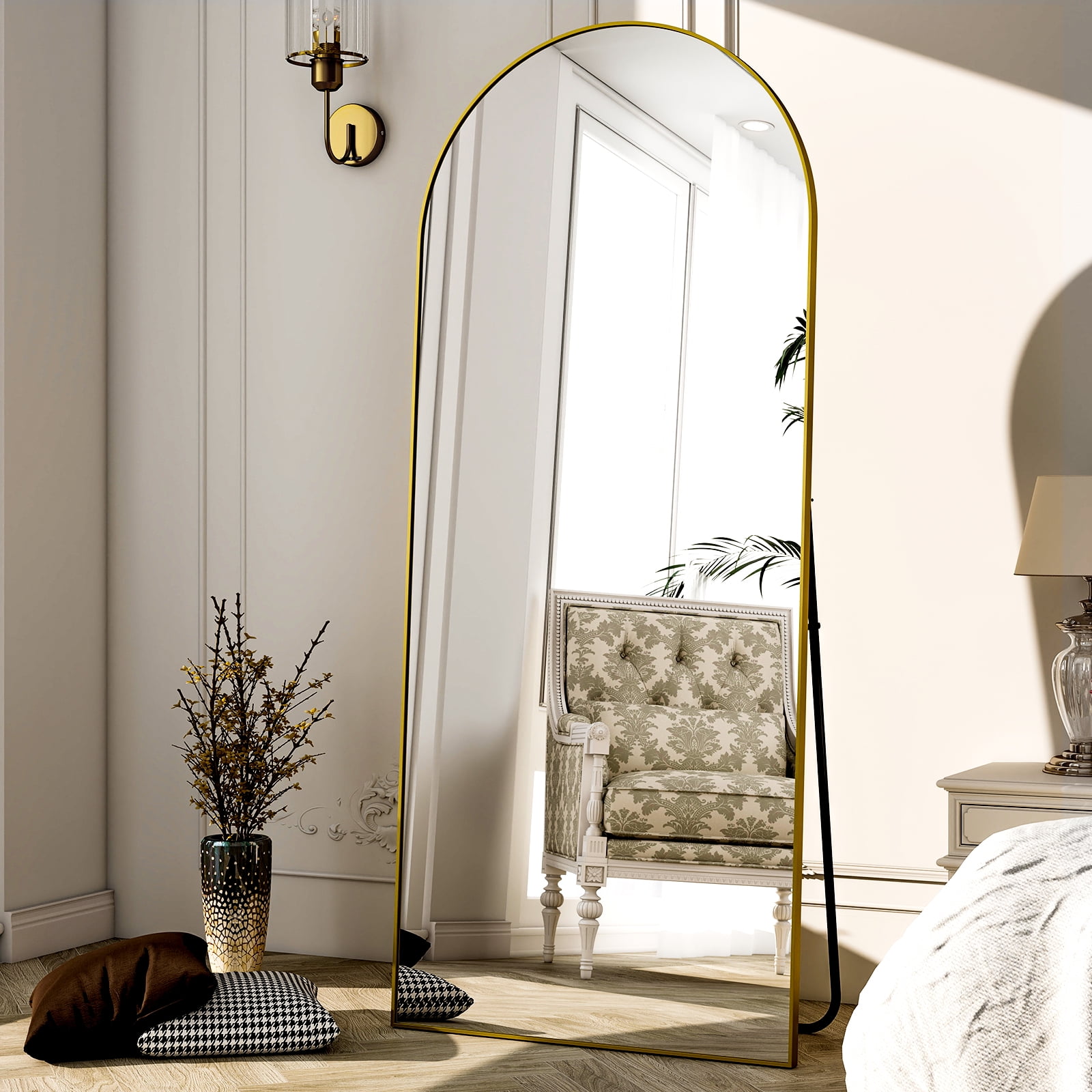 SEETHRUGLIMMER 68"x22.2" Arched Full Length Mirror Wall-Mounted Floor Mirror with Stand, Gold