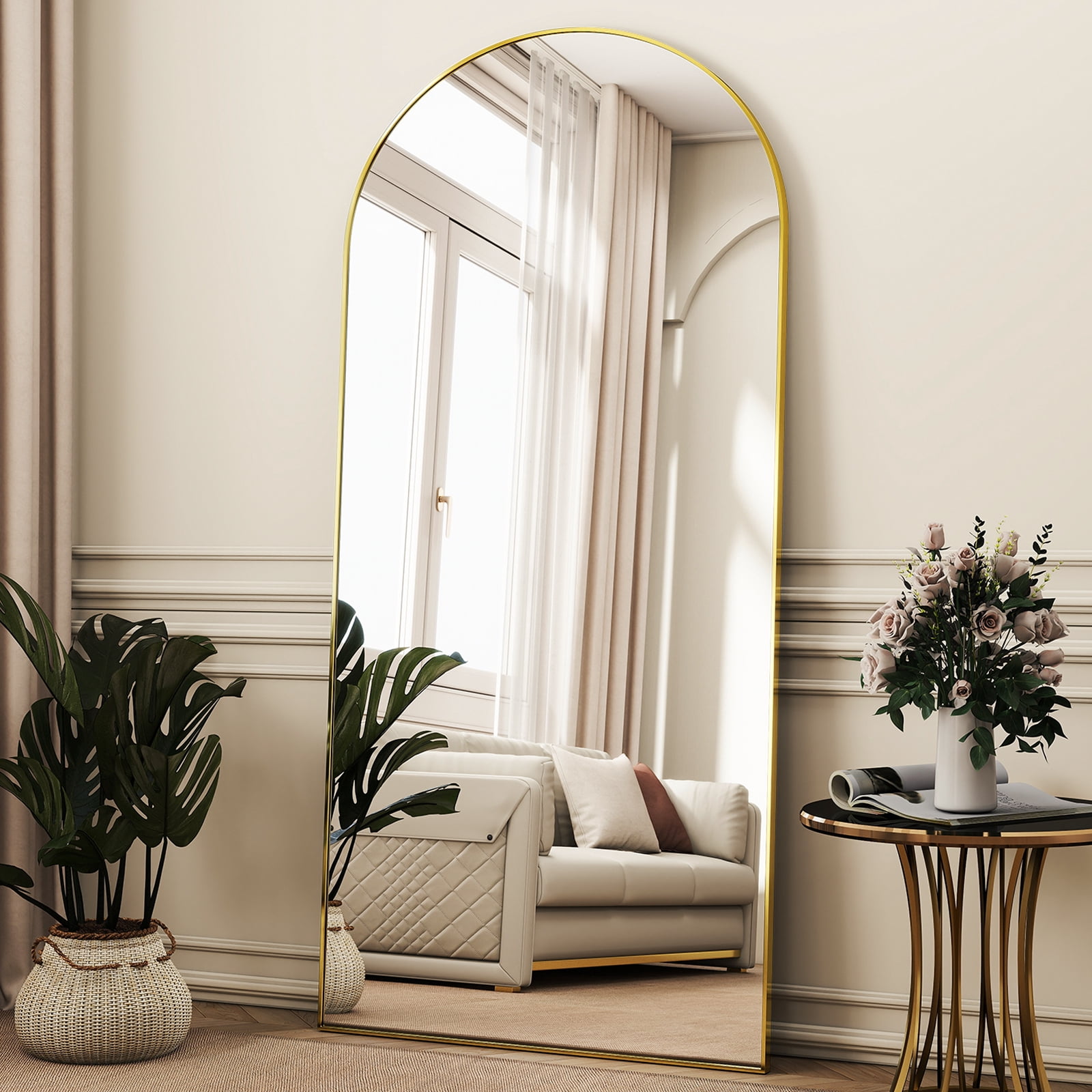 SEETHRUGLIMMER 71.5"x30" Arched Full Length Mirror Wall-Mounted Floor Mirror with Stand, Gold