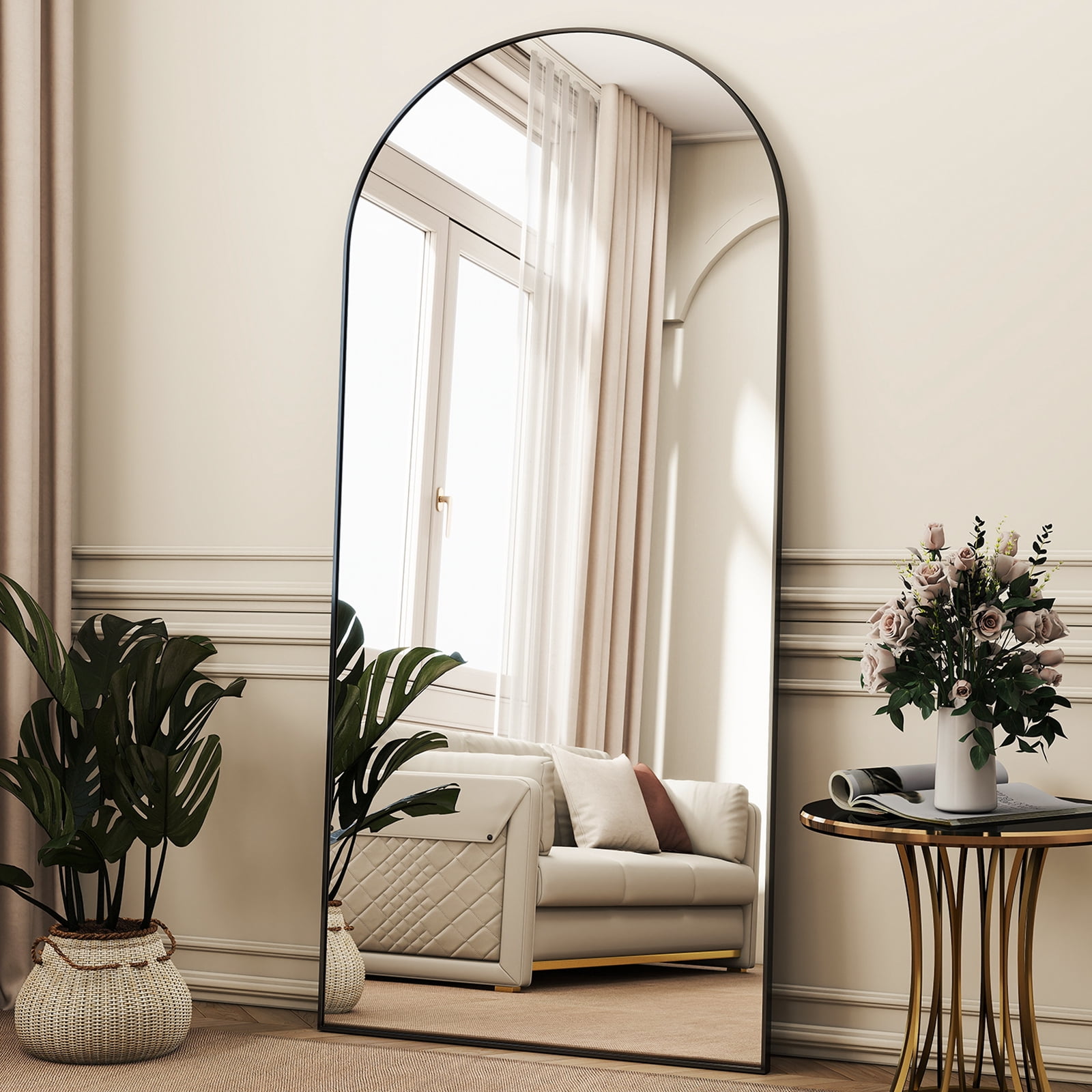 SEETHRUGLIMMER 71"x30.2" Arched Full Length Mirror Wall-Mounted Floor Mirror with Stand, Black