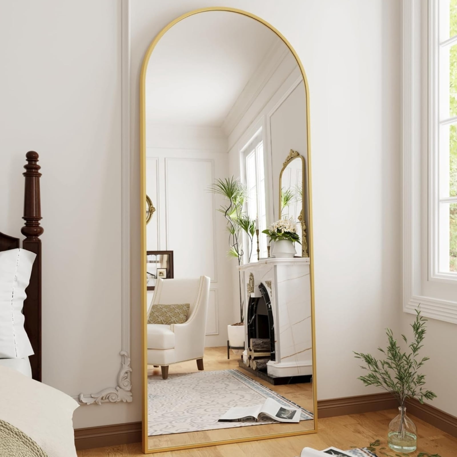 SEETHRUGLIMMER 71"x26.2" Arched Full Length Mirror Wall-Mounted Floor Mirror with Stand, Gold