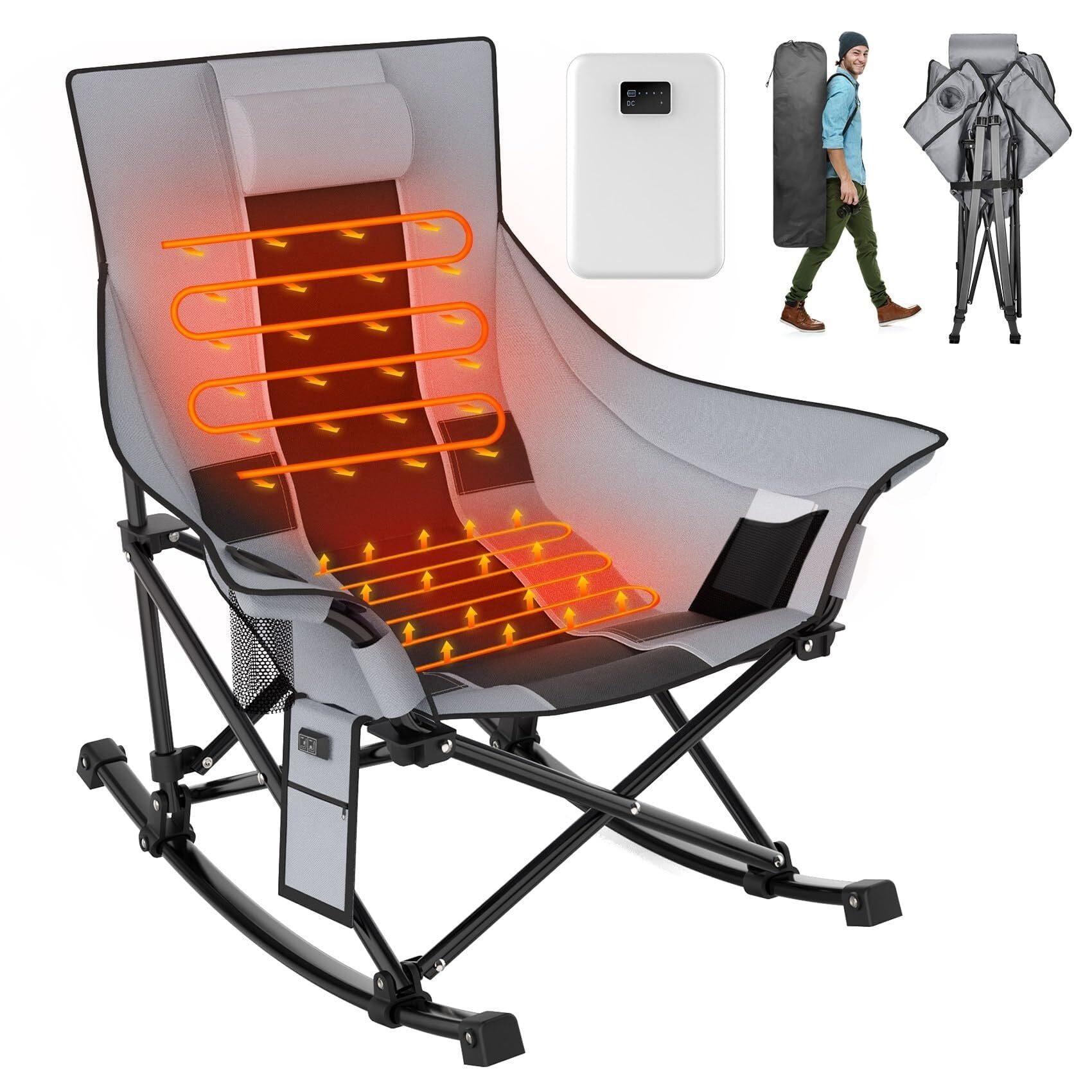 Oversized Gray and Black Heated Rocking Camping Chair with Steel Frame