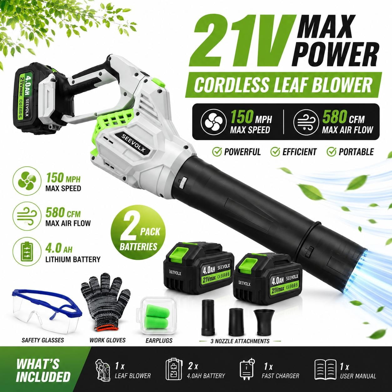 SEEVOLX 21V Cordless Leaf Blower Kit, Includes 4.0Ah Battery, Safety ...