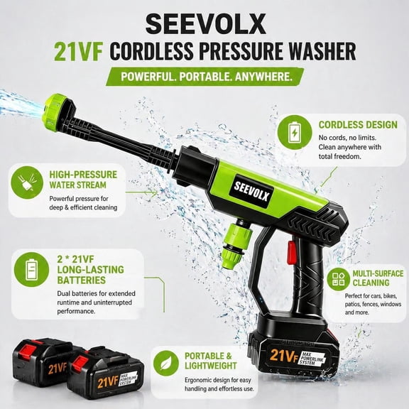 SEEVOLX 21VF Cordless High Pressure Spray Gun Tools, 6-in-1 Nozzle Portable Water Sprayer, Ergonomic Handle Booster Washer for Car, Driveway Outdoor Cleaning