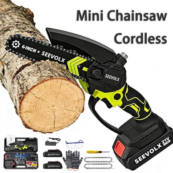 SEEVOLX 6 Inch Mini Chainsaw Cordless Electric Handheld with 2Pcs 1300mAh Batteries 2 Blades Storage Box Safety Gear for Tree Trimming Wood Cutting