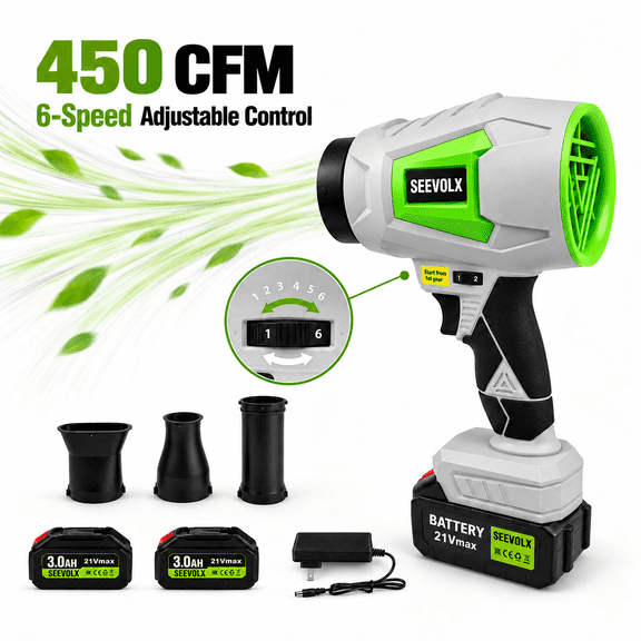 SEEVOLX Cordless Blower, 21V Electric Handheld Leaf Blower with 6-Speed Adjustable Control, 2 Batteries, 3 Nozzles for Yard Cleaning, Lightweight