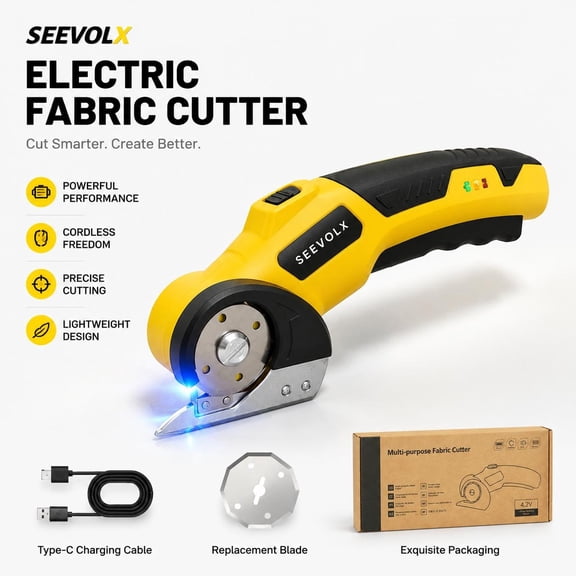 SEEVOLX Cordless Electric Rotary Scissors, USB-C Rechargeable Cutting Tool with Safety Lock & Replacement Blade, Multifunctional Power Cutter for Fabric, Leather, Cardboard, Plastic and Thin Aluminum