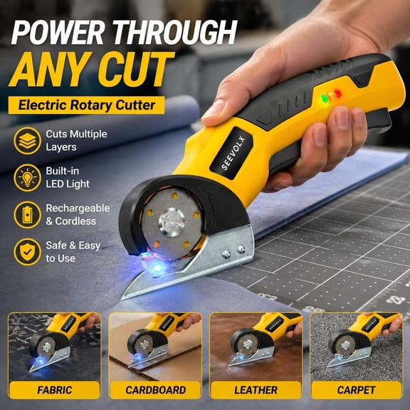 SEEVOLX Cordless Electric Scissors Rechargeable Rotary Cutter with Safety Lock LED Light for Fabric Denim Carpet Cardboard Leather and DIY Projects USB-C Charging Port Comfort Grip Battery Indicator