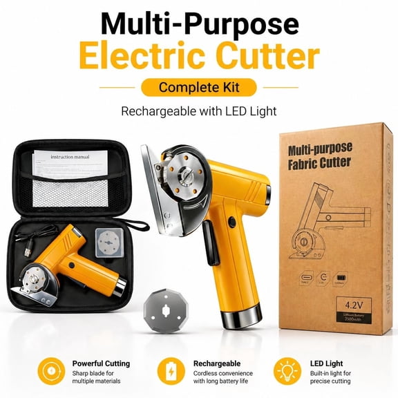 SEEVOLXRechargeable Cordless Electric Rotary Cutting Scissors with Safety Lock, LED Light & Digital Display for DIY Projects, Fabric, Denim