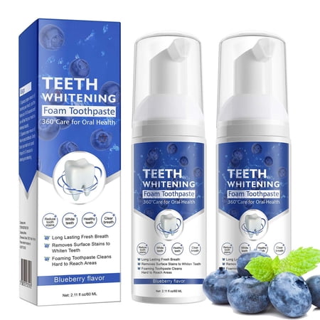 Teeth Whitening Toothpaste - Teeth Whitening Mousse - Whitening Foam Toothpaste - Citrus & Baking Soda Toothpaste - Blueberry Flavor - 2.11 oz - 2 Pack