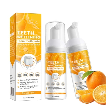 Teeth Whitening Toothpaste - Teeth Whitening Mousse - Whitening Foam Toothpaste - Citrus & Baking Soda Toothpaste - Orange Flavor - 2.11 oz - 2 Pack