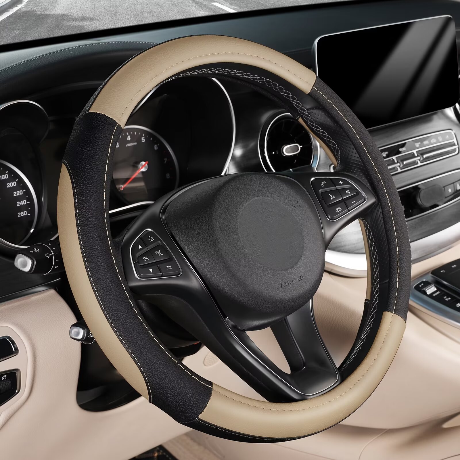 BDK Memory Foam Leather Grip Steering Wheel Cover – Standard Size 14.5-15.5