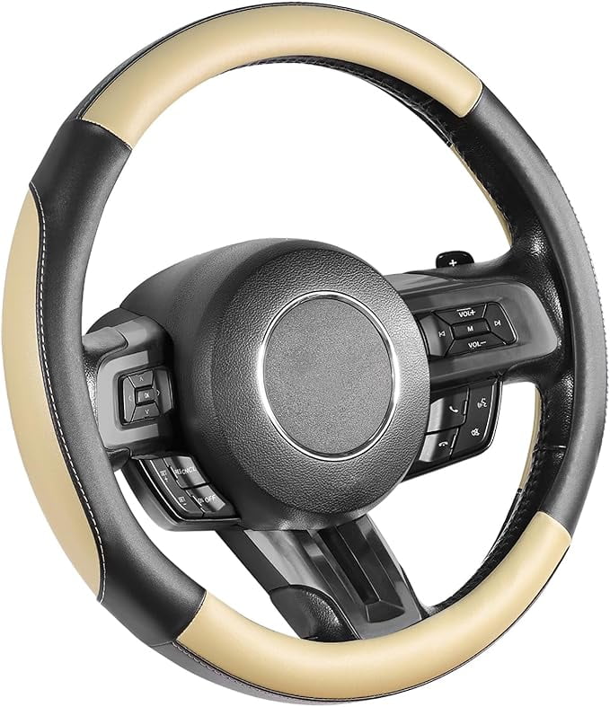 SEG Direct Car Steering Wheel Cover for All Standard-Size Steering Wheels with 14 1/2 inches - 15 inches Outer Diameter, Beige Microfiber Leather