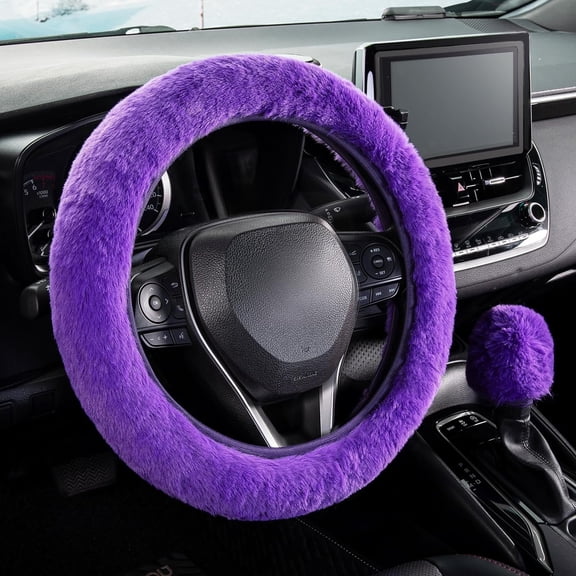 SEG Direct Furry Car Steering Wheel Cover with Fluffy Gear Shift Cover Soft Warm Non-Slip Car Decoration for Women Girls 2 PCS Set, Purple