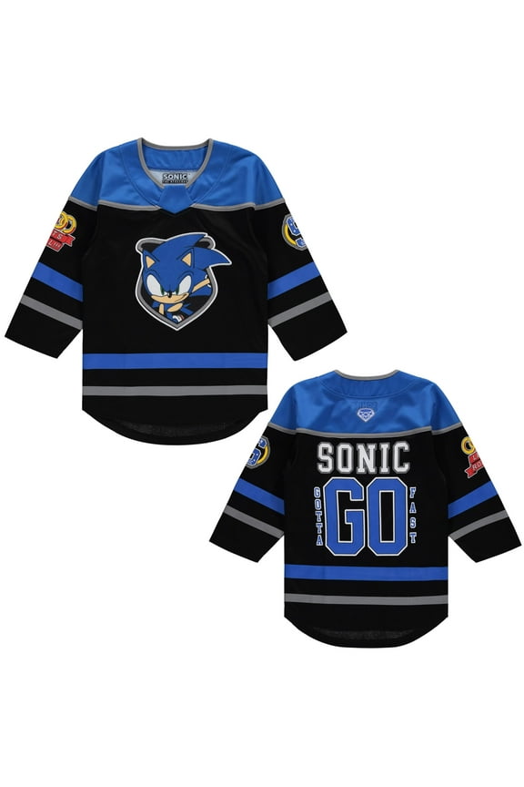 Boys' Big Sonic The Hedgehog Long Sleeve Hockey Jersey 4-20 Sizes, Black/Royal, 18-20