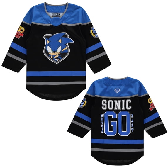 SEGA Boys' Big Sonic The Hedgehog Long Sleeve Hockey Jersey 4-20 Sizes, Black/Royal, 18-20