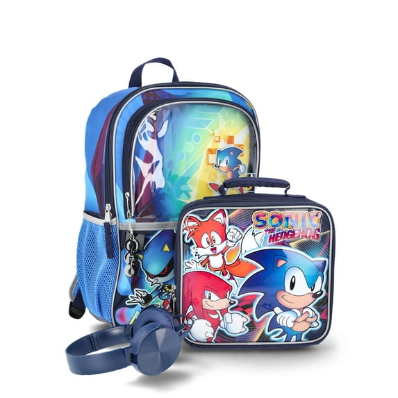 SEGA Sonic The Hedgehog 17" Backpack, Lunch Box, and Headphones Set, 3-Piece, Blue