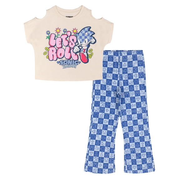 SEGA Sonic The Hedgehog Cold Shoulder T-Shirt and Flare Leggings Outfit Set Toddler to Big Kid