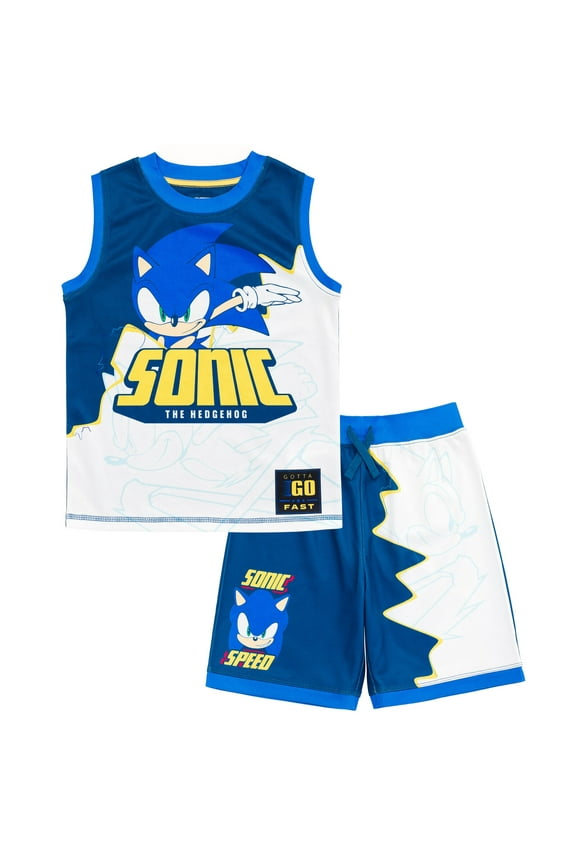 Sonic The Hedgehog Little Boys Mesh Athletic Tank Top Shorts Outfit Set White / Blue 4