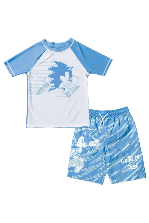 Sonic The Hedgehog Little Boys Rash Guard and Swim Trunks Outfit Set Little Kid to Big Kid