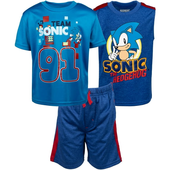 SEGA Sonic The Hedgehog Little Boys T-Shirt Tank Top and Shorts 3 Piece Outfit Set Toddler to Big Kid