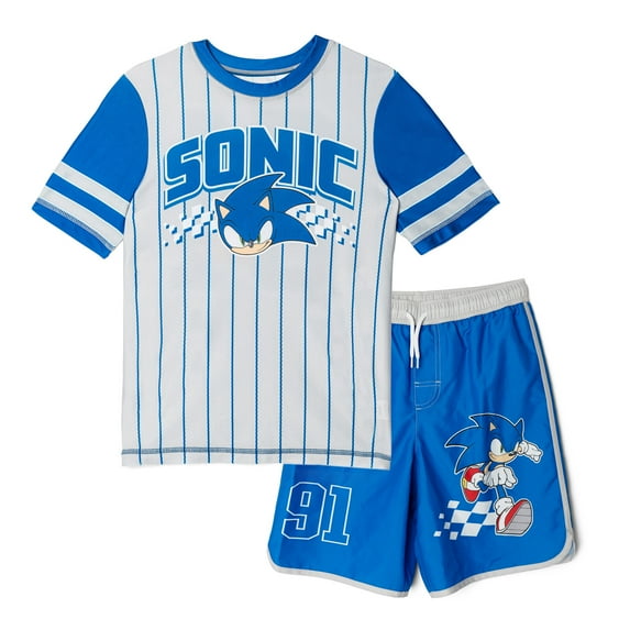 SEGA Sonic The Hedgehog Rash Guard and Swim Trunks Outfit Set UPF 50+ Little Kid to Big Kid