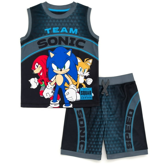 SEGA Sonic The Hedgehog Tails Knuckles Little Boys Mesh Tank Top Shirt and Shorts Outfit Set Black 5