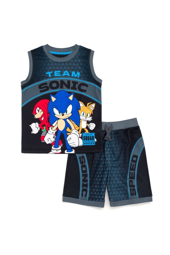 Sonic The Hedgehog Tails Knuckles Little Boys Mesh Tank Top Shirt and Shorts Outfit Set Black 6