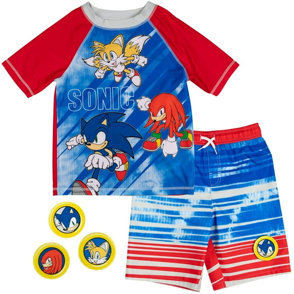 SEGA Sonic The Hedgehog Tails Knuckles Little Boys Rash Guard and Swim Trunks Outfit Set Little Kid to Big Kid
