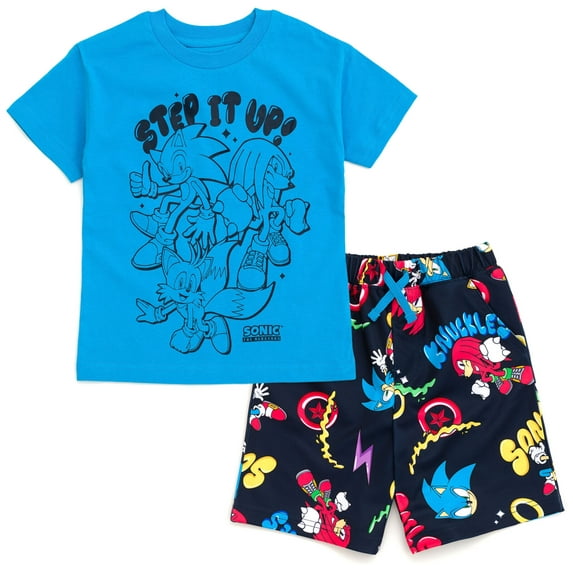 SEGA Sonic the Hedgehog Big Boys' Graphic T-Shirt and Athletic Shorts Set Royal Blue and Navy Sonic, Knuckles and Tails