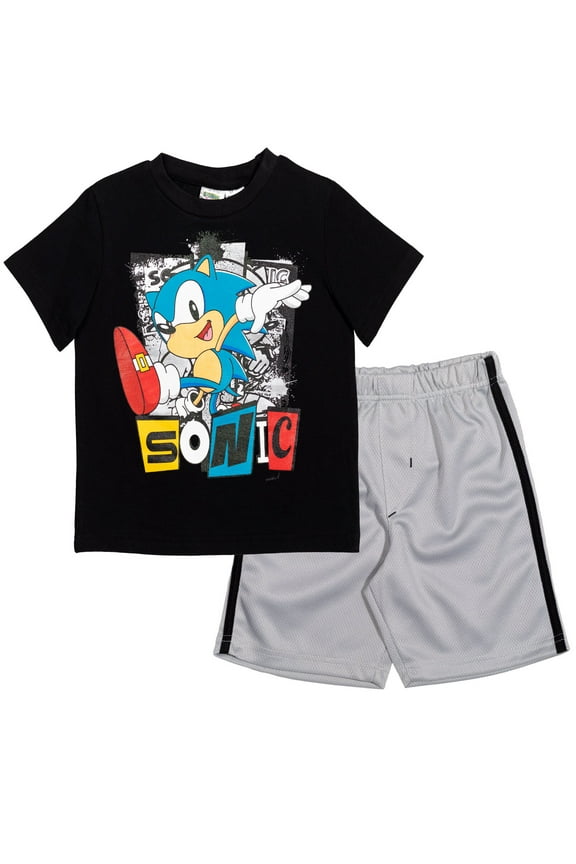 Sonic The Hedgehog Toddler Boys Athletic Pullover T-Shirt and Mesh Shorts Outfit Set Blue / Black 5T