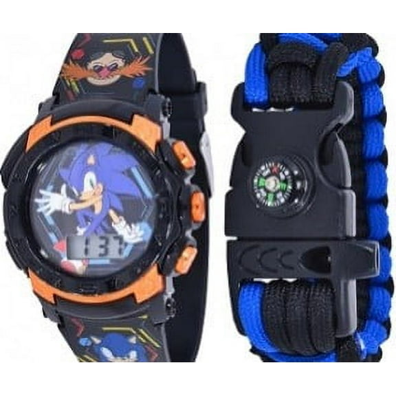 SEGA Sonic the Hedgehog Boy's Flashing LCD Blue Silicone Watch with Matching Survival Bracelet 2 Piece Set