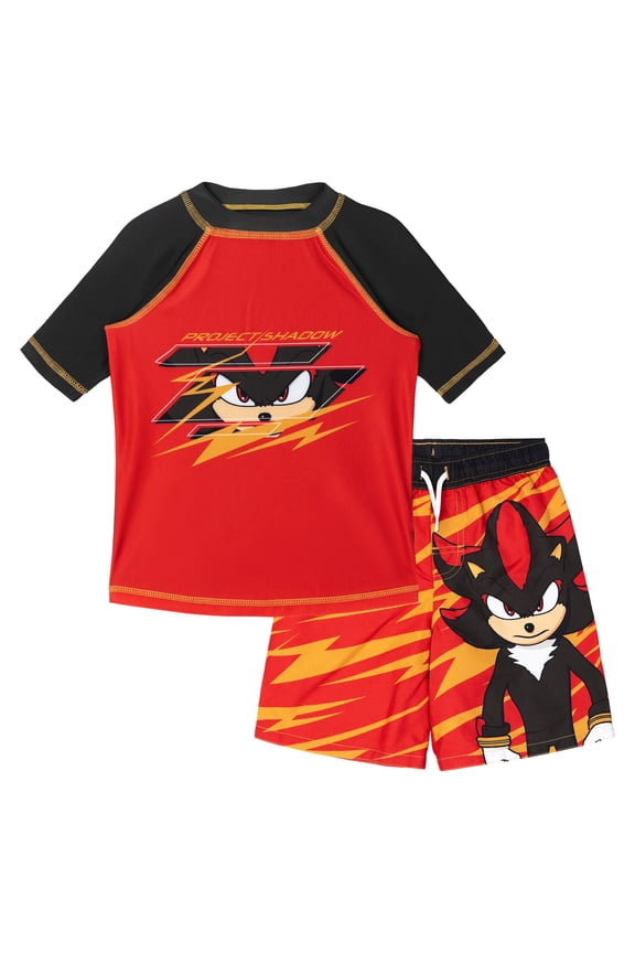 Sonic the Hedgehog Shadow Raglan Rash Guard and Swim Trunks UPF 50+ Outfit Set Little Kid to Big Kid