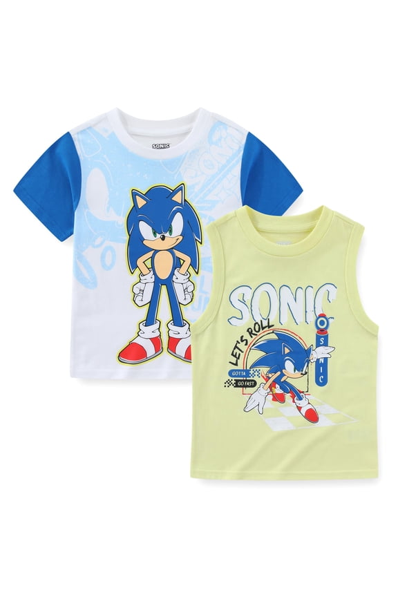 SEGA Sonic the Hedgehog Short Sleeve T-Shirt and Tank Top (Boys), 2 Pack, Sizes 4-10