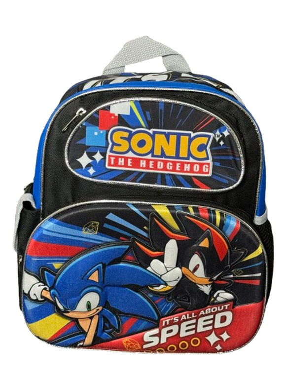 SEGA Sonic the Hedgehog Sonic and Shadow It's All About Speed 12" Mini Backpack with Padded Adjustable Straps, Black and Blue